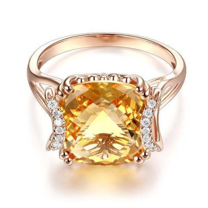14K Rose Gold 6ct Cushion Yellow Citrine Diamond Ring-Black Diamonds New York