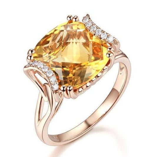 14K Rose Gold 6ct Cushion Yellow Citrine Diamond Ring-Black Diamonds New York