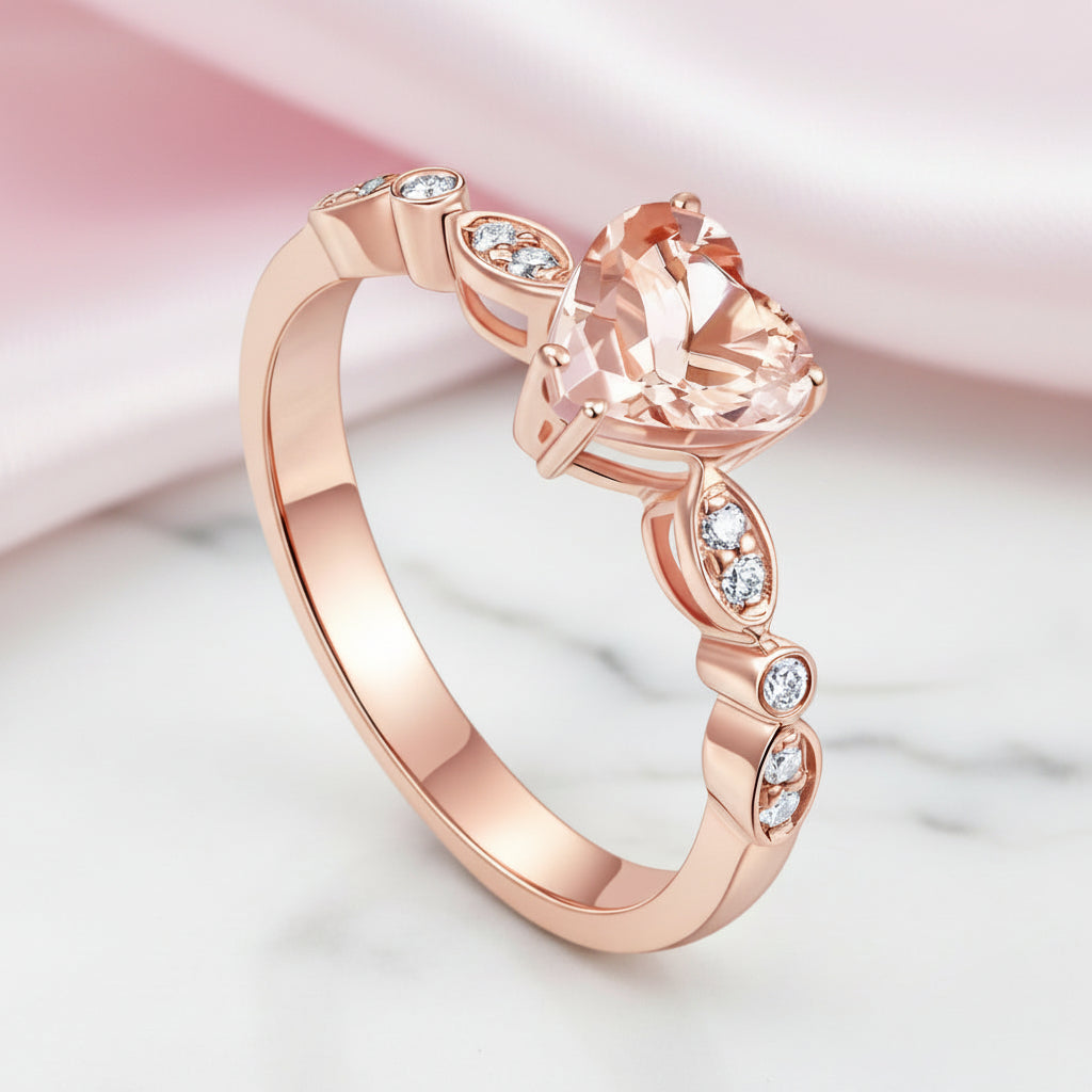 14k Rose Gold 7mm Heart Peach Morganite Diamond Option Ring-Black Diamonds New York