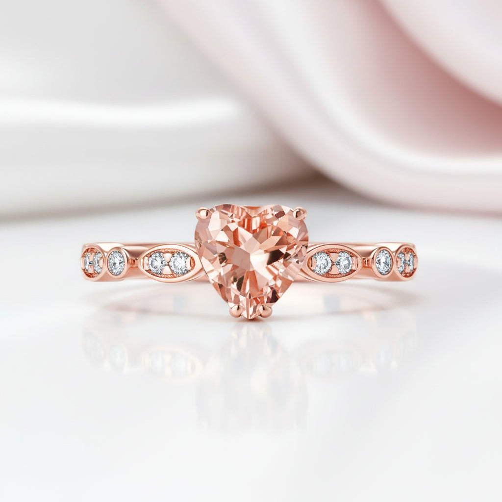 14k Rose Gold 7mm Heart Peach Morganite Diamond Option Ring-Black Diamonds New York