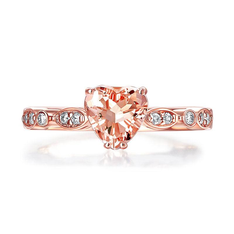 14K Rose Gold 7mm Heart Peach Morganite 0.1 Ct Natural Diamond Ring-Black Diamonds New York