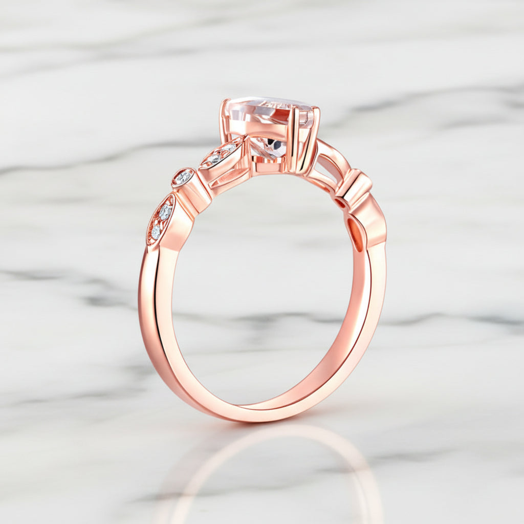 14k Rose Gold 7mm Heart Peach Morganite Diamond Option Ring-Black Diamonds New York