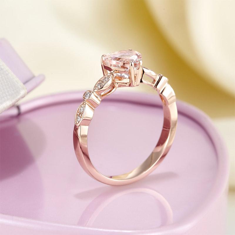14K Rose Gold 7mm Heart Peach Morganite 0.1 Ct Natural Diamond Ring-Black Diamonds New York