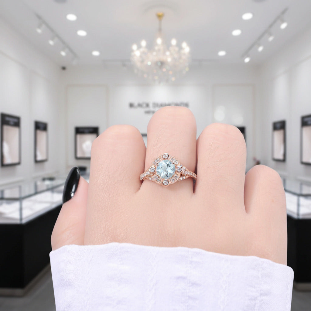 14k Rose Gold Aquamarine Milgrain Halo Engagement-Black Diamonds New York