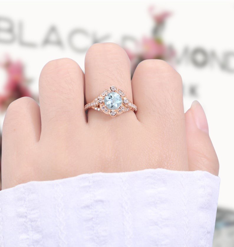 14K Rose Gold Aquamarine Milgrain Halo Engagement - Black Diamonds New York