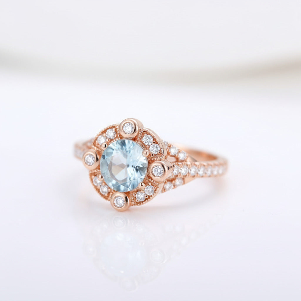 14k Rose Gold Aquamarine Milgrain Halo Engagement-Black Diamonds New York