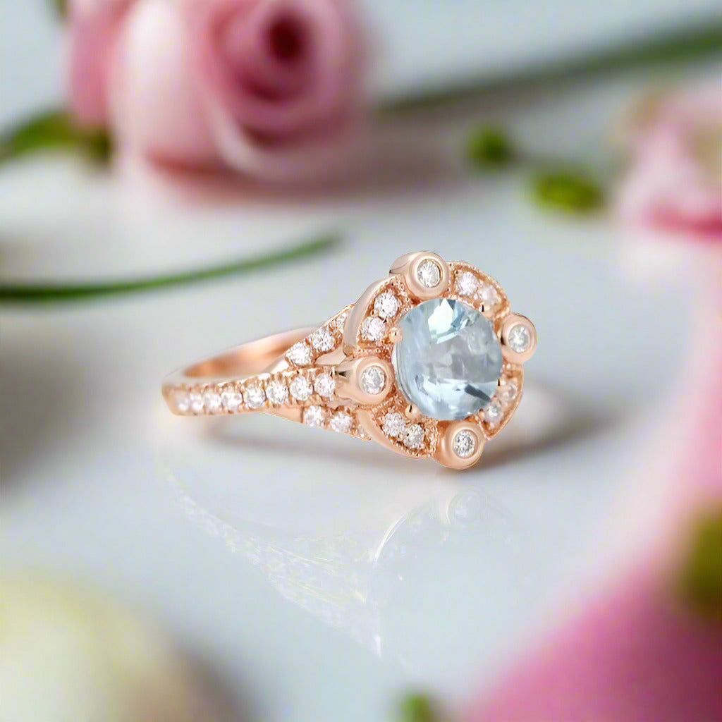 14k Rose Gold Aquamarine Milgrain Halo Engagement-Black Diamonds New York