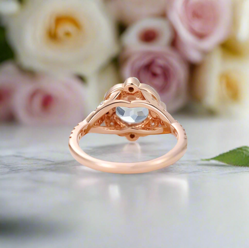 14k Rose Gold Aquamarine Milgrain Halo Engagement-Black Diamonds New York