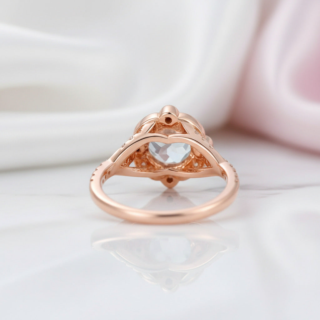 14k Rose Gold Aquamarine Milgrain Halo Engagement-Black Diamonds New York