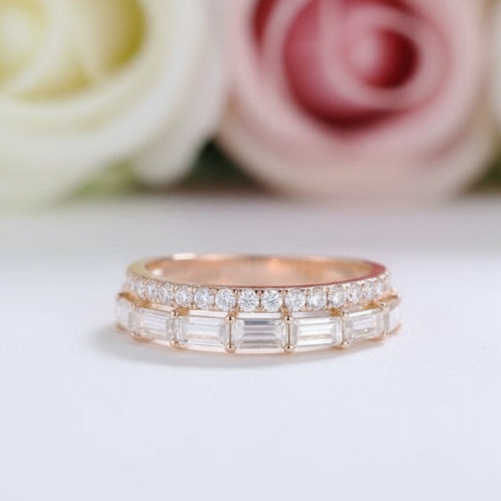 14K Rose Gold Baguette and Round Diamond Wedding Band-Black Diamonds New York