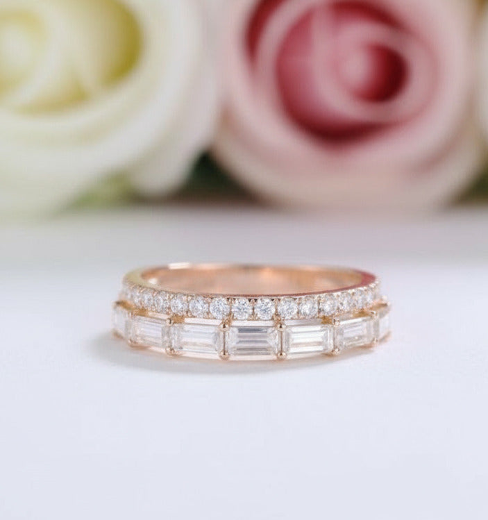 14K Rose Gold Baguette and Round Diamond Wedding Band-Black Diamonds New York
