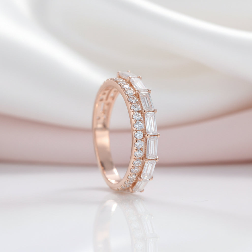14K Rose Gold Baguette and Round Diamond Option Wedding Band-Black Diamonds New York