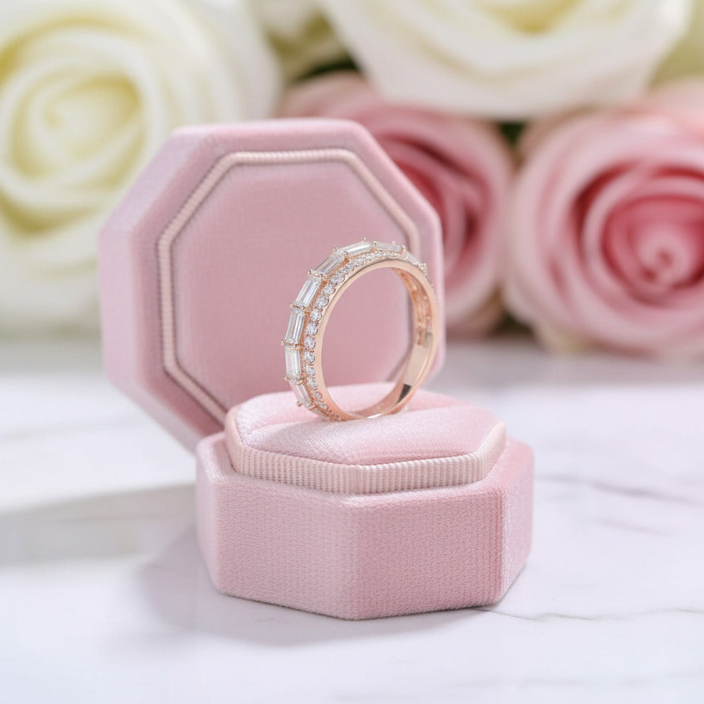 14K Rose Gold Baguette and Round Diamond Wedding Band-Black Diamonds New York