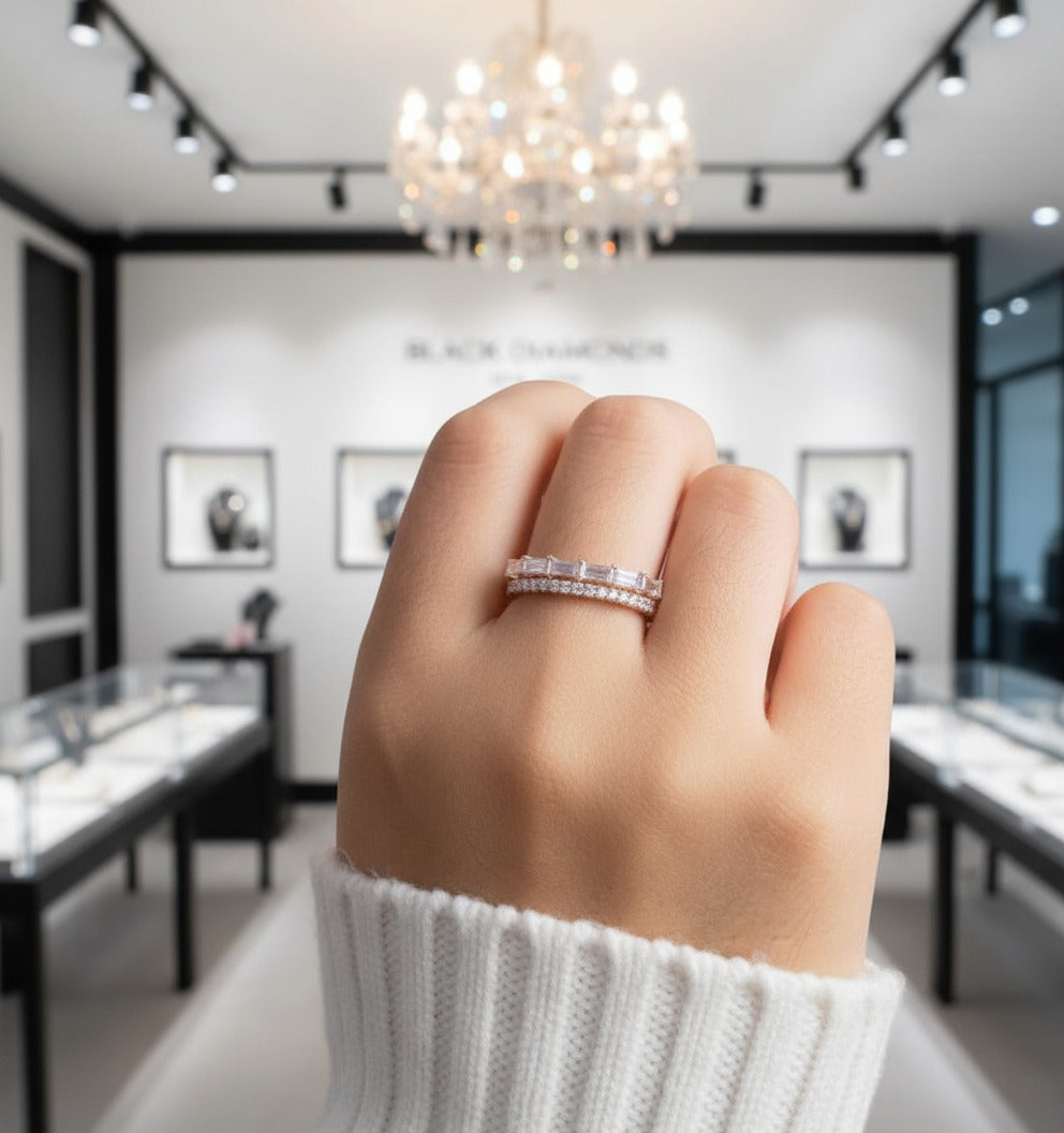 14K Rose Gold Baguette and Round Diamond Wedding Band-Black Diamonds New York