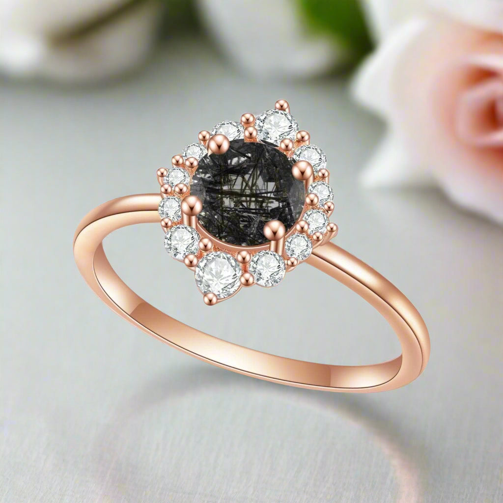 14k Rose Gold Black Rutilated Quartz Engagement Ring-Black Diamonds New York