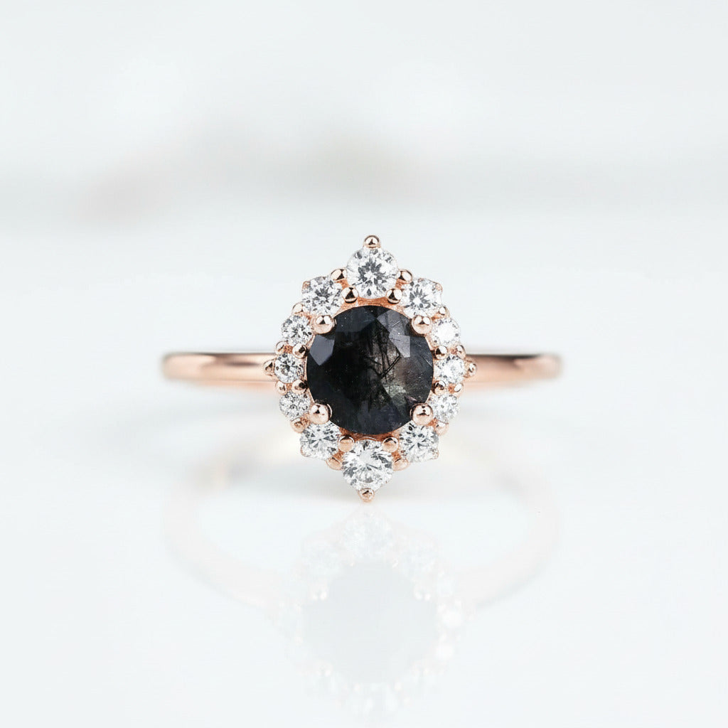 14k Rose Gold Black Rutilated Quartz Engagement Ring-Black Diamonds New York