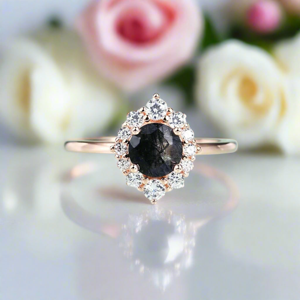 14k Rose Gold Black Rutilated Quartz Engagement Ring-Black Diamonds New York