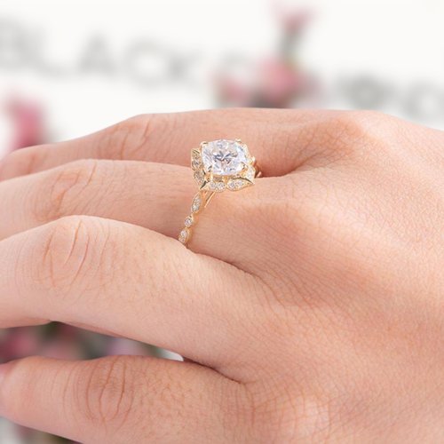 14K Rose Gold Cushion Cut Moissanite Antique Milgrain Halo Engagement Ring-Black Diamonds New York