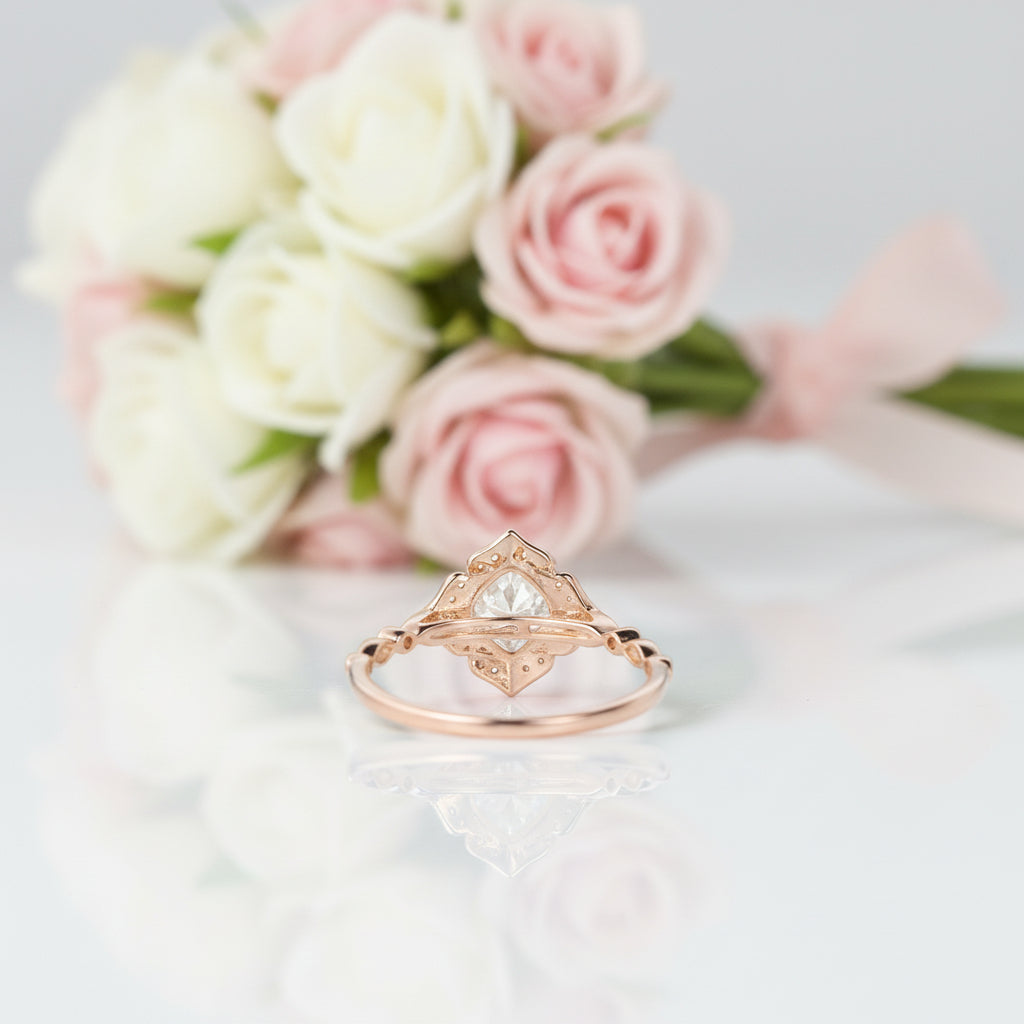 14k Rose Gold Cushion Cut Diamond Antique Milgrain Halo Engagement Ring-Black Diamonds New York