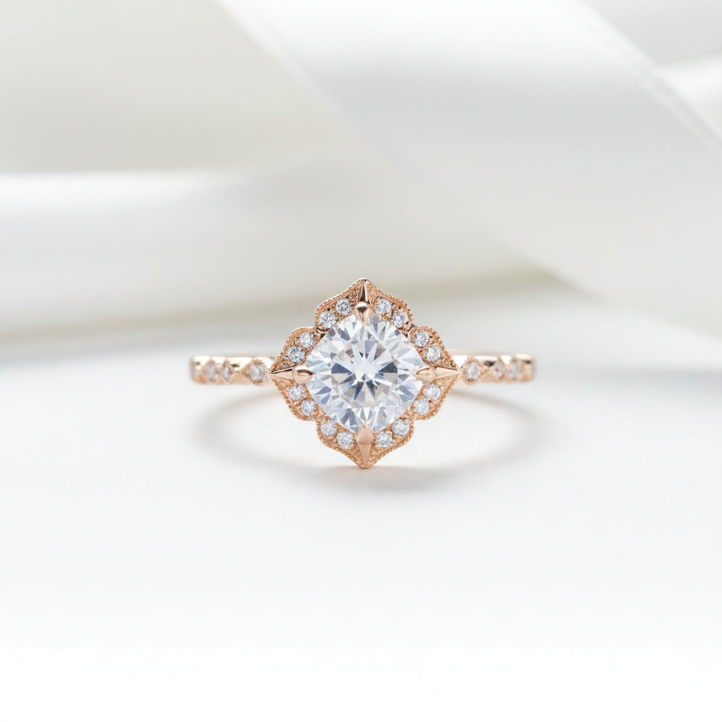 14k Rose Gold Cushion Cut Diamond Option Antique Milgrain Halo Engagement Ring-Black Diamonds New York