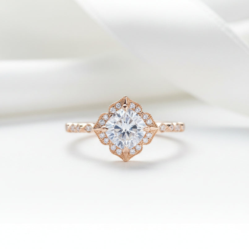 14k Rose Gold Cushion Cut Diamond Antique Milgrain Halo Engagement Ring-Black Diamonds New York