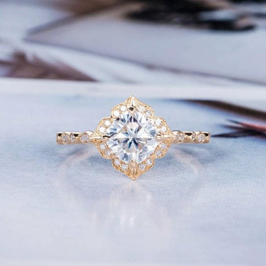 14K Rose Gold Cushion Cut Moissanite Antique Milgrain Halo Engagement Ring-Black Diamonds New York