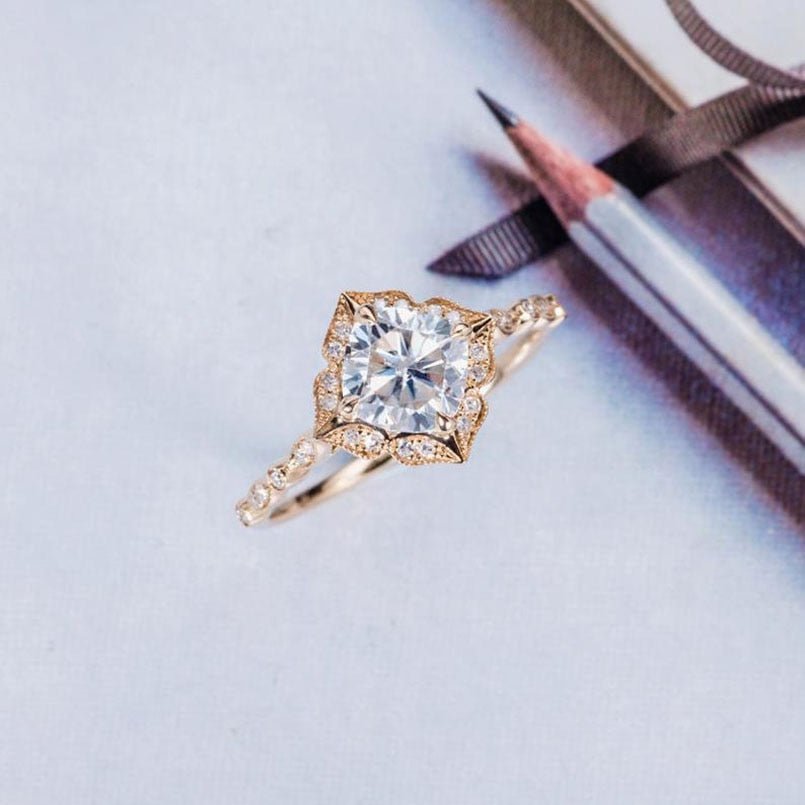 14K Rose Gold Cushion Cut Diamond Antique Milgrain Halo Engagement Ring-Black Diamonds New York