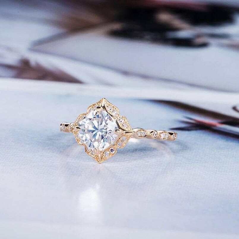 14K Rose Gold Cushion Cut Moissanite Antique Milgrain Halo Engagement Ring - Black Diamonds New York