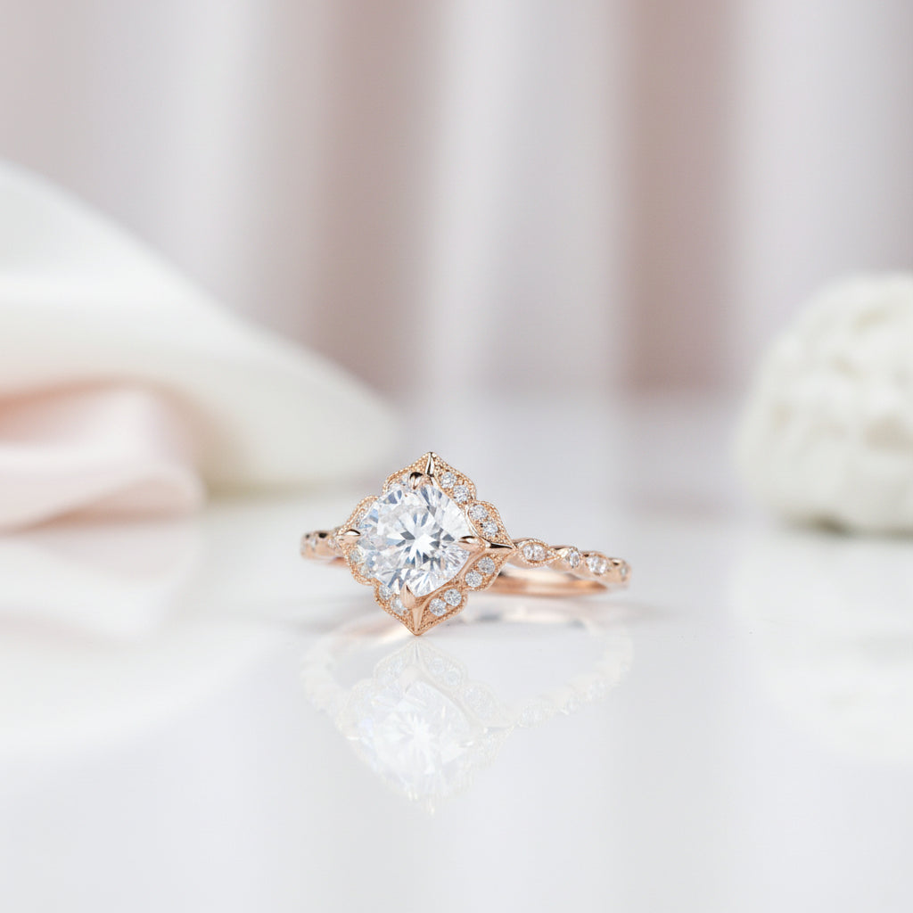 14k Rose Gold Cushion Cut Diamond Antique Milgrain Halo Engagement