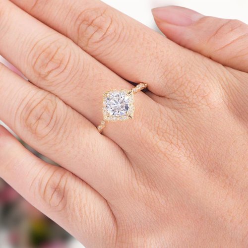 14K Rose Gold Cushion Cut Diamond Antique Milgrain Halo Engagement Ring-Black Diamonds New York