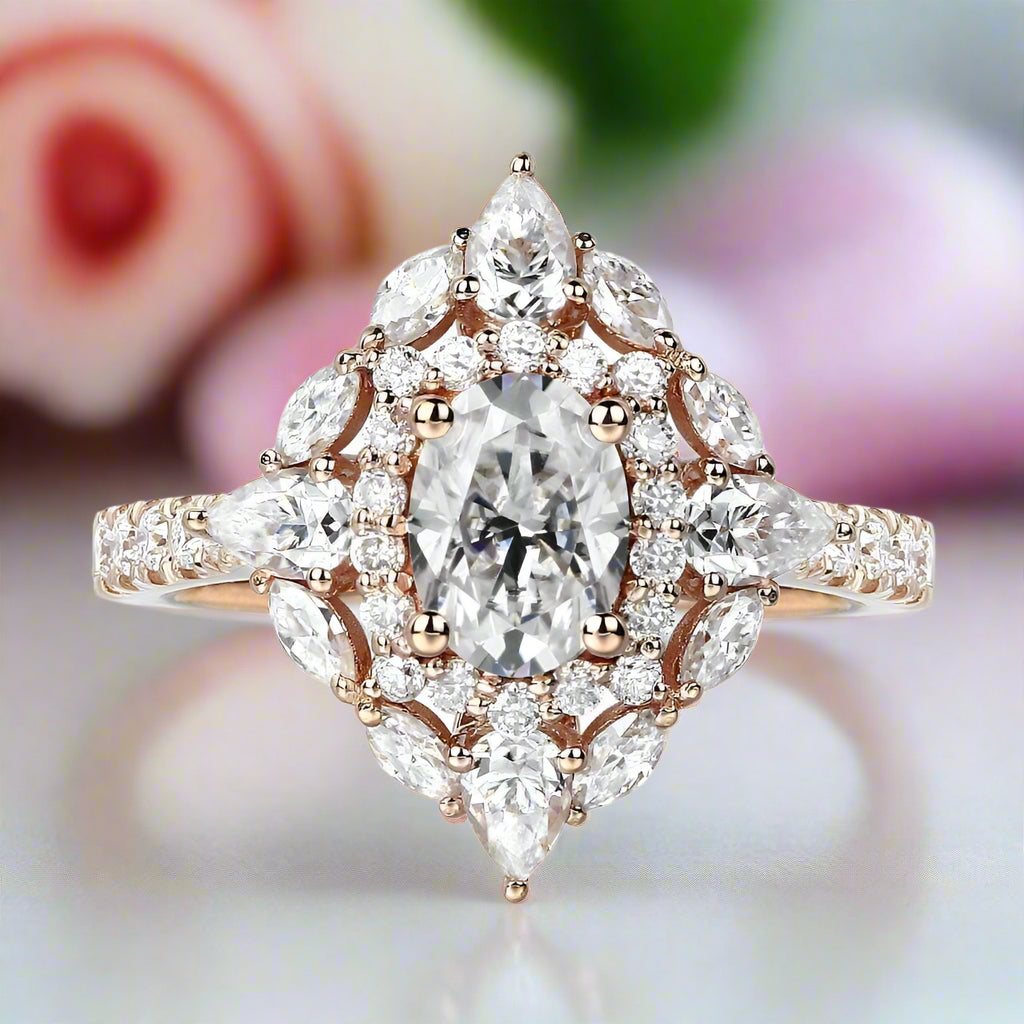 14k Rose Gold Double Halo Oval Cut Diamond Engagement Ring-Black Diamonds New York