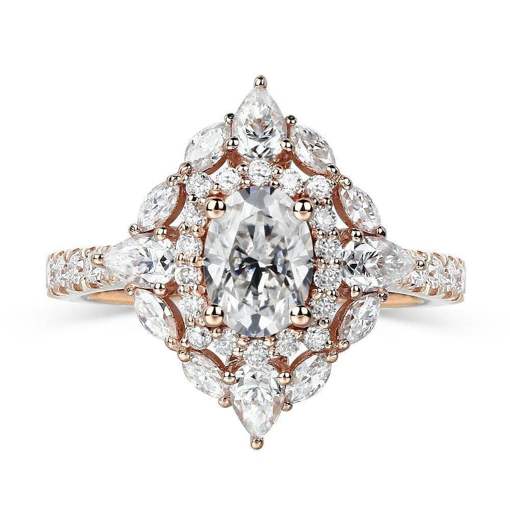 14k Rose Gold Double Halo Oval Cut Moissanite Engagement Ring-Black Diamonds New York