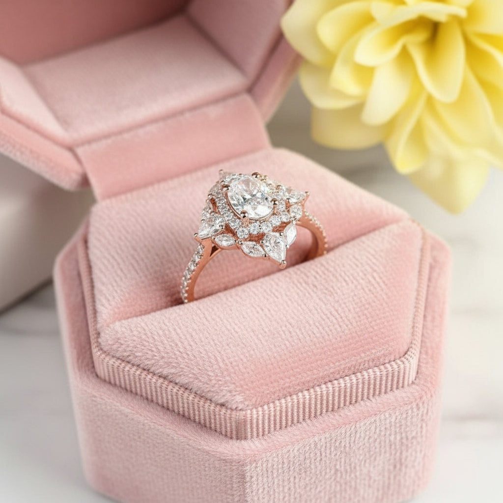 14k Rose Gold Double Halo Oval Cut Diamond Engagement Ring-Black Diamonds New York