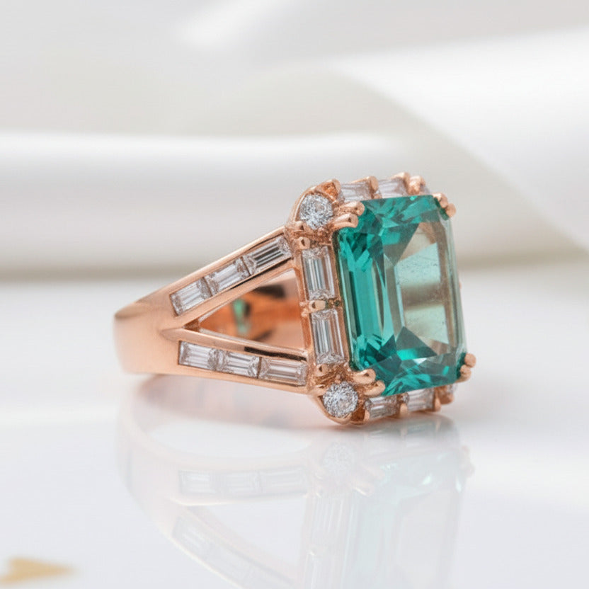 14k Rose Gold Emerald and Diamond Halo Engagement Ring-Black Diamonds New York