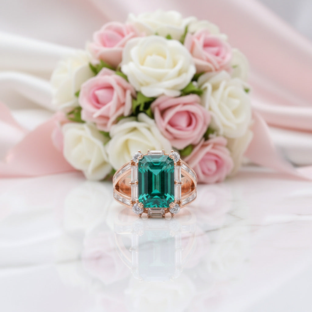 14k Rose Gold Emerald and Diamond Halo Engagement Ring-Black Diamonds New York