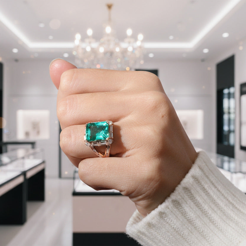 14k Rose Gold Emerald and Diamond Halo Engagement Ring-Black Diamonds New York