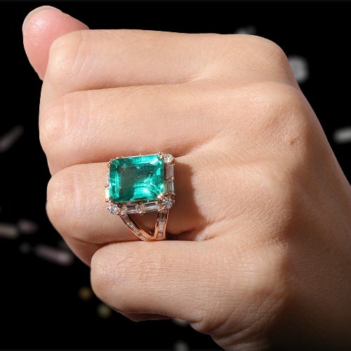 14k Rose Gold Emerald and Moissanite Halo Engagement Ring-Black Diamonds New York
