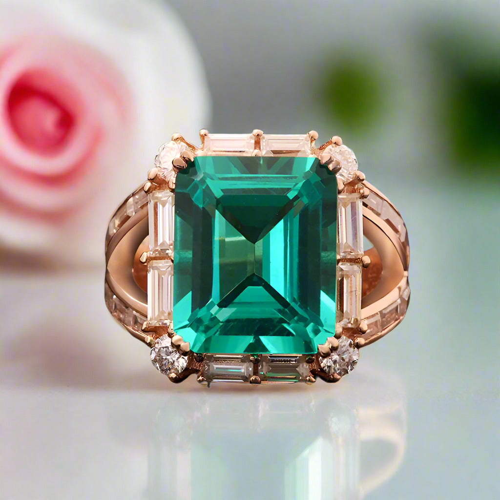 14k Rose Gold Emerald and Diamond Halo Engagement Ring-Black Diamonds New York