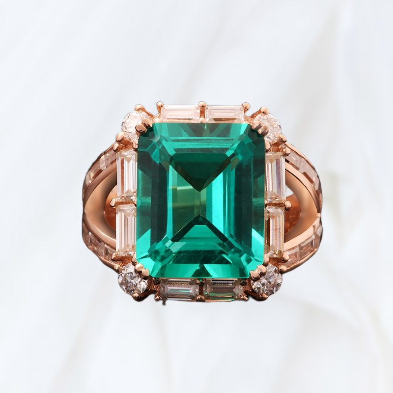 14k Rose Gold Emerald and Moissanite Halo Engagement Ring - Black Diamonds New York