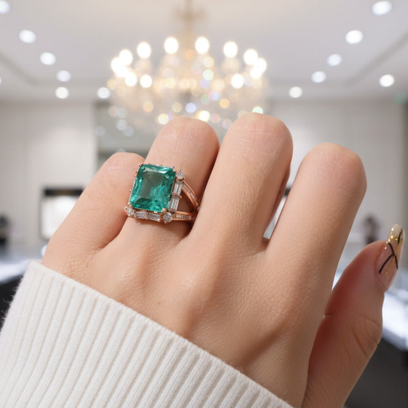 14k Rose Gold Emerald and Diamond Halo Engagement Ring-Black Diamonds New York