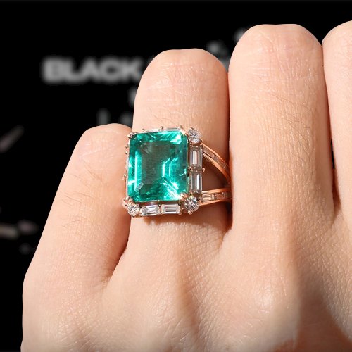 14k Rose Gold Emerald and Moissanite Halo Engagement Ring-Black Diamonds New York