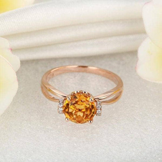 14K Rose Gold Floral Yellow Citrine Natural Diamond Ring