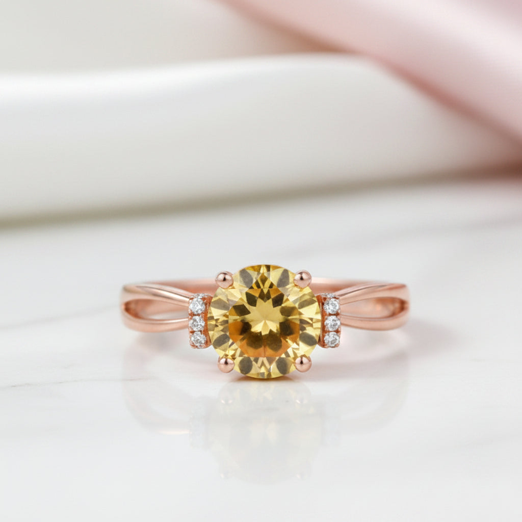 14k Rose Gold Floral Yellow Citrine Natural Diamond Option Ring-Black Diamonds New York