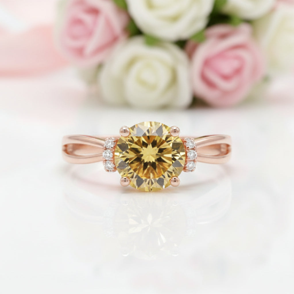 14k Rose Gold Floral Yellow Citrine Natural Diamond Option Ring-Black Diamonds New York