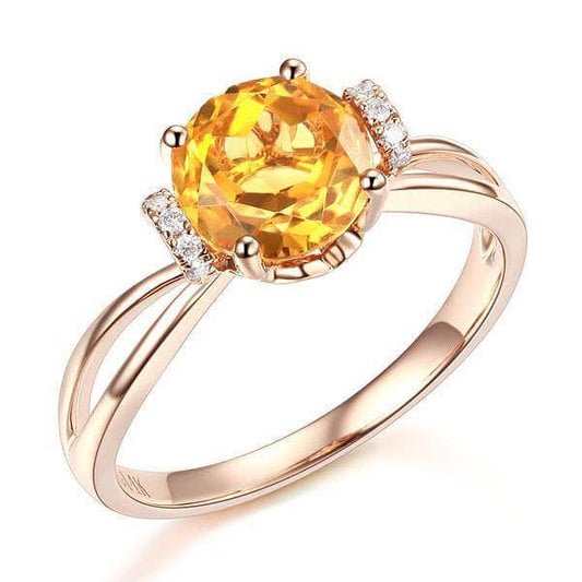 14K Rose Gold Floral Yellow Citrine Natural Diamond Ring