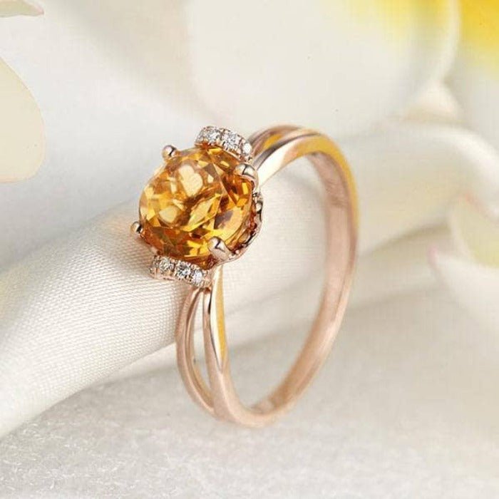 14K Rose Gold Floral Yellow Citrine Natural Diamond Ring-Black Diamonds New York