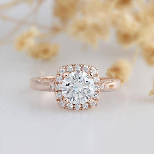 14k Rose Gold Halo 1.2ct Moissanite Engagement Ring - Black Diamonds New York