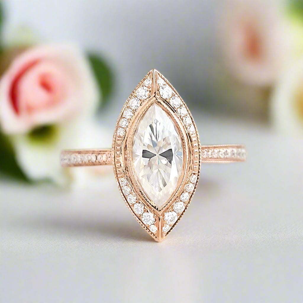 14k Rose Gold Marquise Cut Vintage Diamond Engagement Ring-Black Diamonds New York