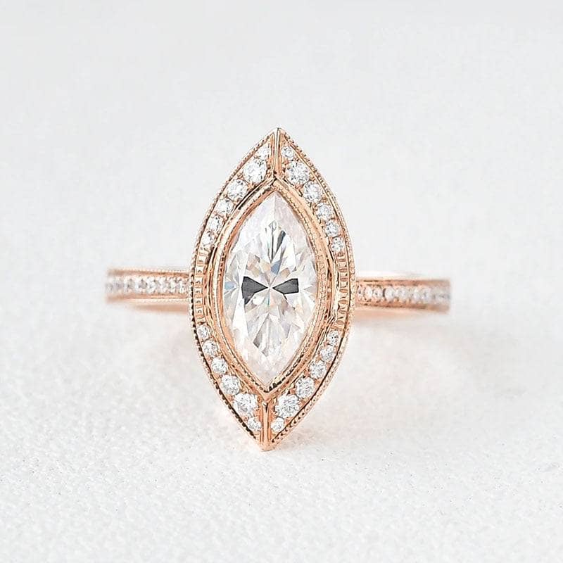 14K Rose Gold Marquise Cut Vintage Moissanite Engagement Ring-Black Diamonds New York