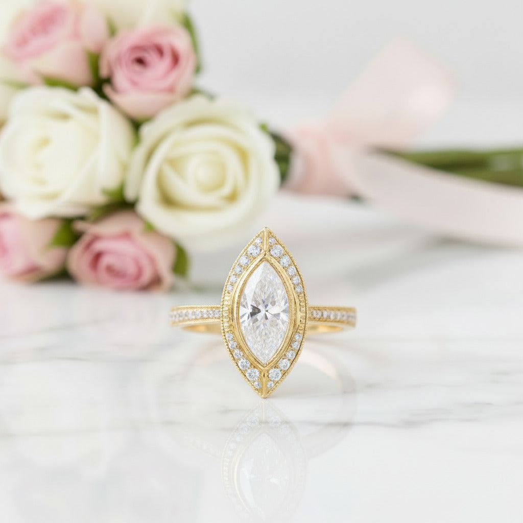 14k Rose Gold Marquise Cut Vintage Diamond Option Engagement Ring-Black Diamonds New York